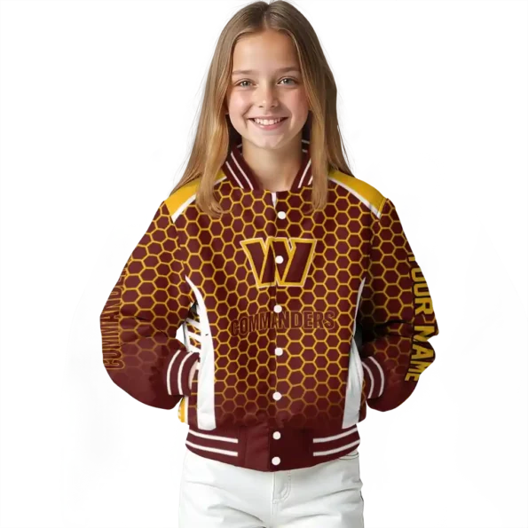personalized washington commanders hexagon grid burgundy varsity jacket top rated