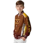 personalized washington commanders hexagon grid burgundy varsity jacket best selling
