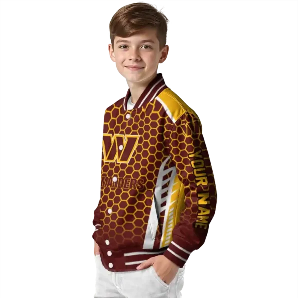 personalized washington commanders hexagon grid burgundy varsity jacket trendy