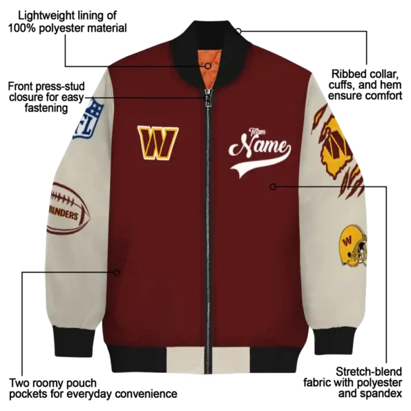 personalized washington commanders razorback outline burgundy nude bomber jacket new arrival