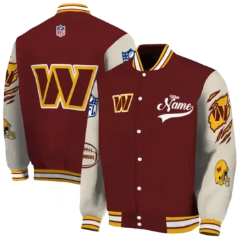 personalized washington commanders razorback outline burgundy nude varsity jacket fashion forward