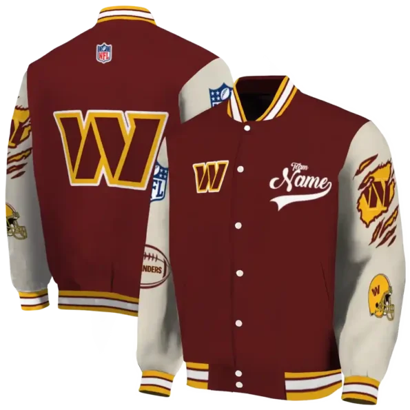 personalized washington commanders razorback outline burgundy nude varsity jacket fashion forward