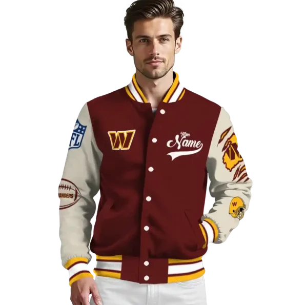 personalized washington commanders razorback outline burgundy nude varsity jacket high quality
