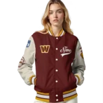 personalized washington commanders razorback outline burgundy nude varsity jacket best selling