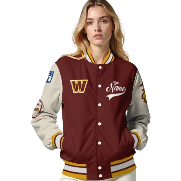 personalized washington commanders razorback outline burgundy nude varsity jacket latest model