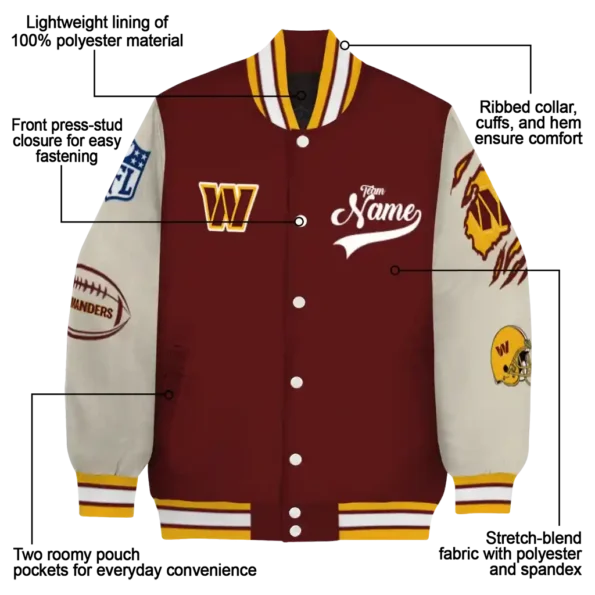 personalized washington commanders razorback outline burgundy nude varsity jacket new arrival