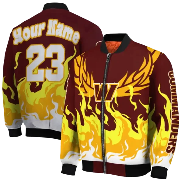personalized washington commanders winged blaze burgundy white bomber jacket fashion forward