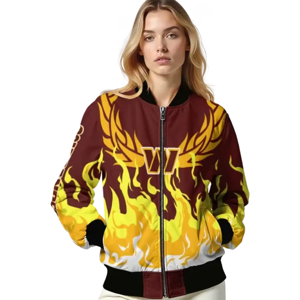 personalized washington commanders winged blaze burgundy white bomber jacket latest model