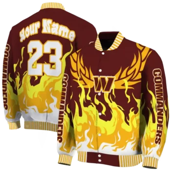 personalized washington commanders winged blaze burgundy white varsity jacket fashion forward