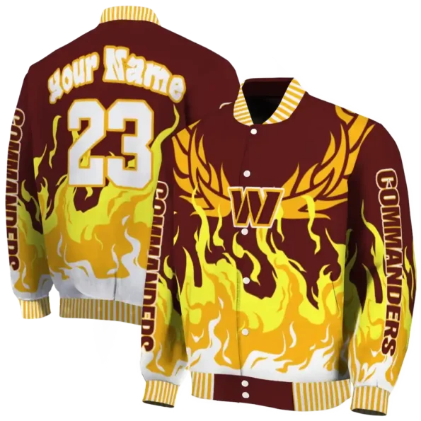 personalized washington commanders winged blaze burgundy white varsity jacket fashion forward