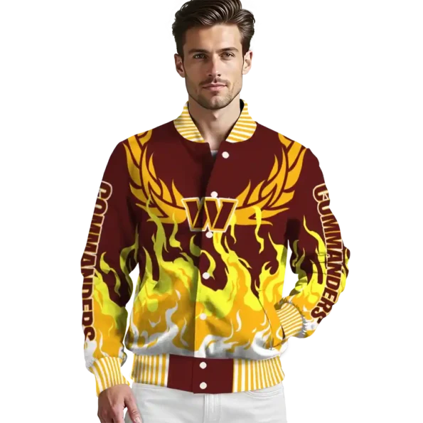 personalized washington commanders winged blaze burgundy white varsity jacket high quality