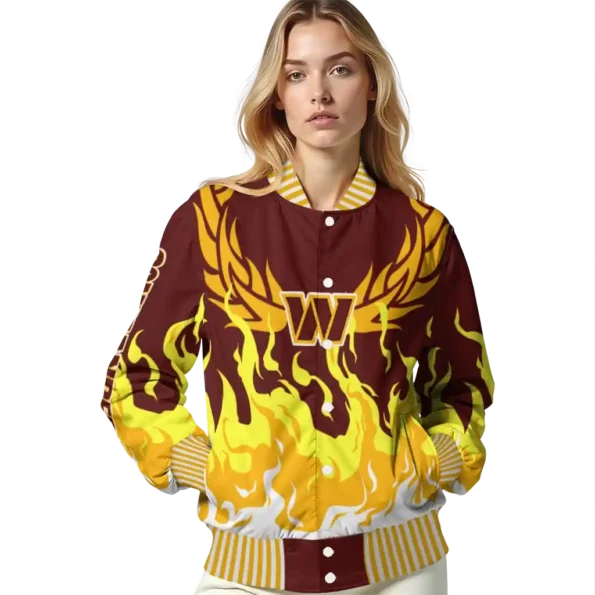 personalized washington commanders winged blaze burgundy white varsity jacket latest model