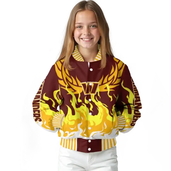 personalized washington commanders winged blaze burgundy white varsity jacket top rated
