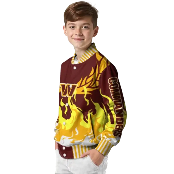 personalized washington commanders winged blaze burgundy white varsity jacket trendy