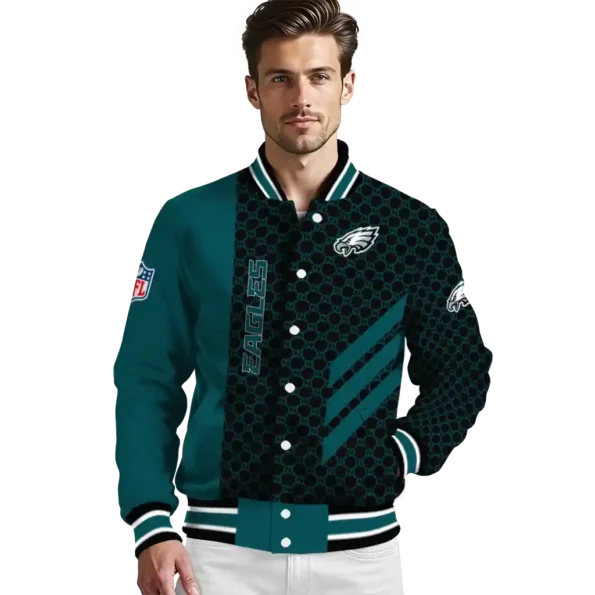 philadelphia eagles triple side stripes green black varsity jacket high quality