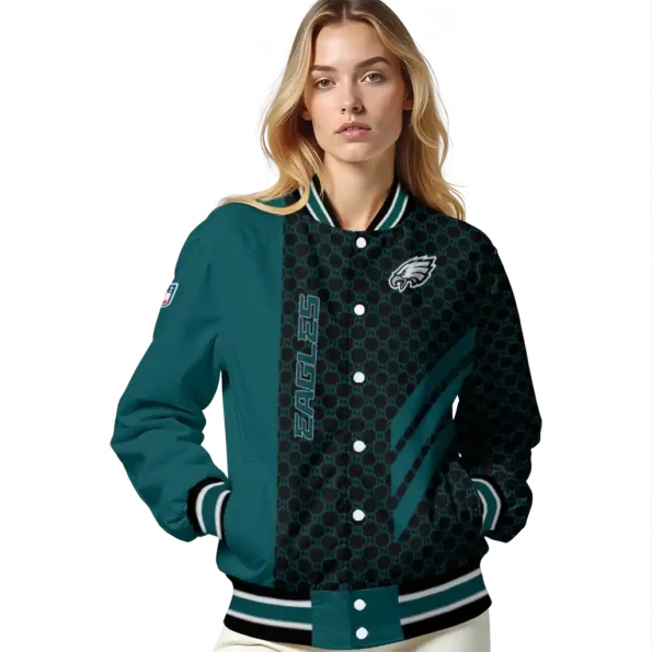 philadelphia eagles triple side stripes green black varsity jacket latest model