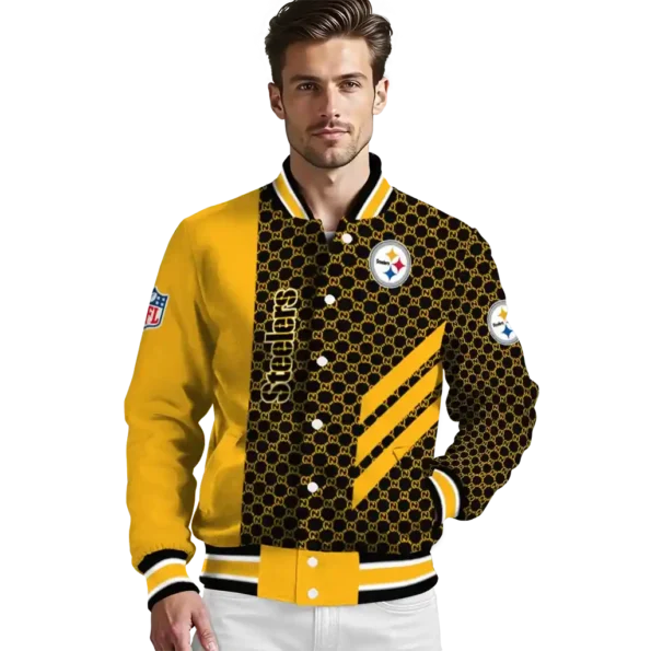 pittsburgh steelers triple side stripes gold black varsity jacket high quality