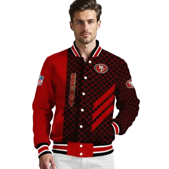 san francisco 49ers triple side stripes red black varsity jacket high quality