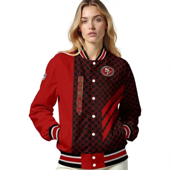 san francisco 49ers triple side stripes red black varsity jacket latest model