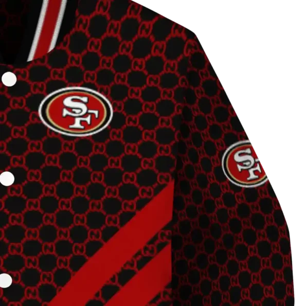 san francisco 49ers triple side stripes red black varsity jacket premium grade