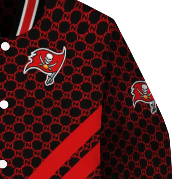 tampa bay buccaneers triple side stripes red black varsity jacket premium grade