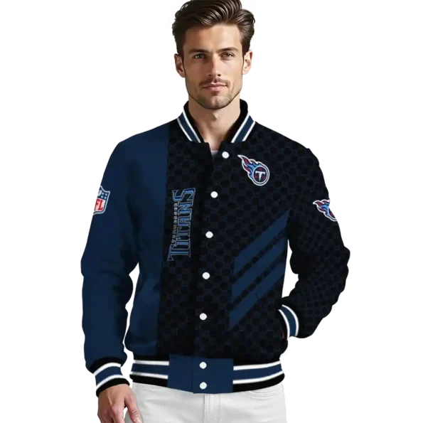 tennessee titans triple side stripes navy black varsity jacket high quality
