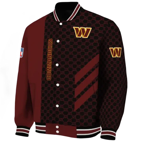 washington commanders triple side stripes burgundy black varsity jacket best selling