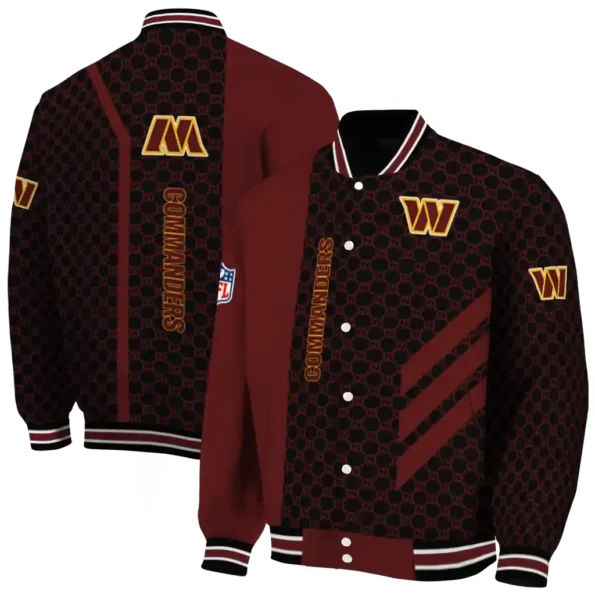washington commanders triple side stripes burgundy black varsity jacket fashion forward