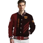 washington commanders triple side stripes burgundy black varsity jacket best selling